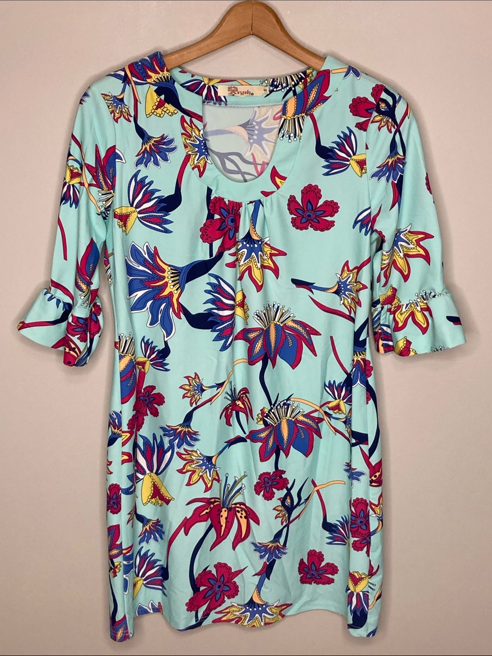 Aryeh Blue Pink Floral Stretch Bell Flare Sleeve Dress Women’s Size Small